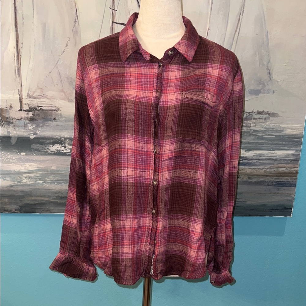 Lucky Brand Pink Plaid Flannel Button Down Shirt, Small